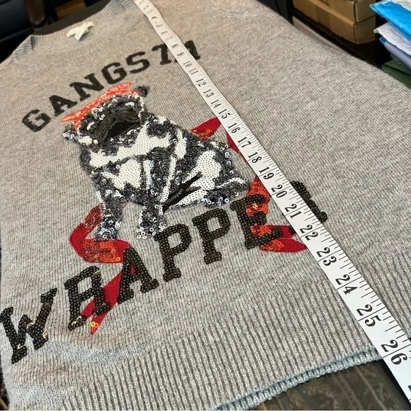 H&M Women's Medium Angora Blend Pug Dog Gangsta Wrapper Pullover Sweater Grey - Picture 8 of 11